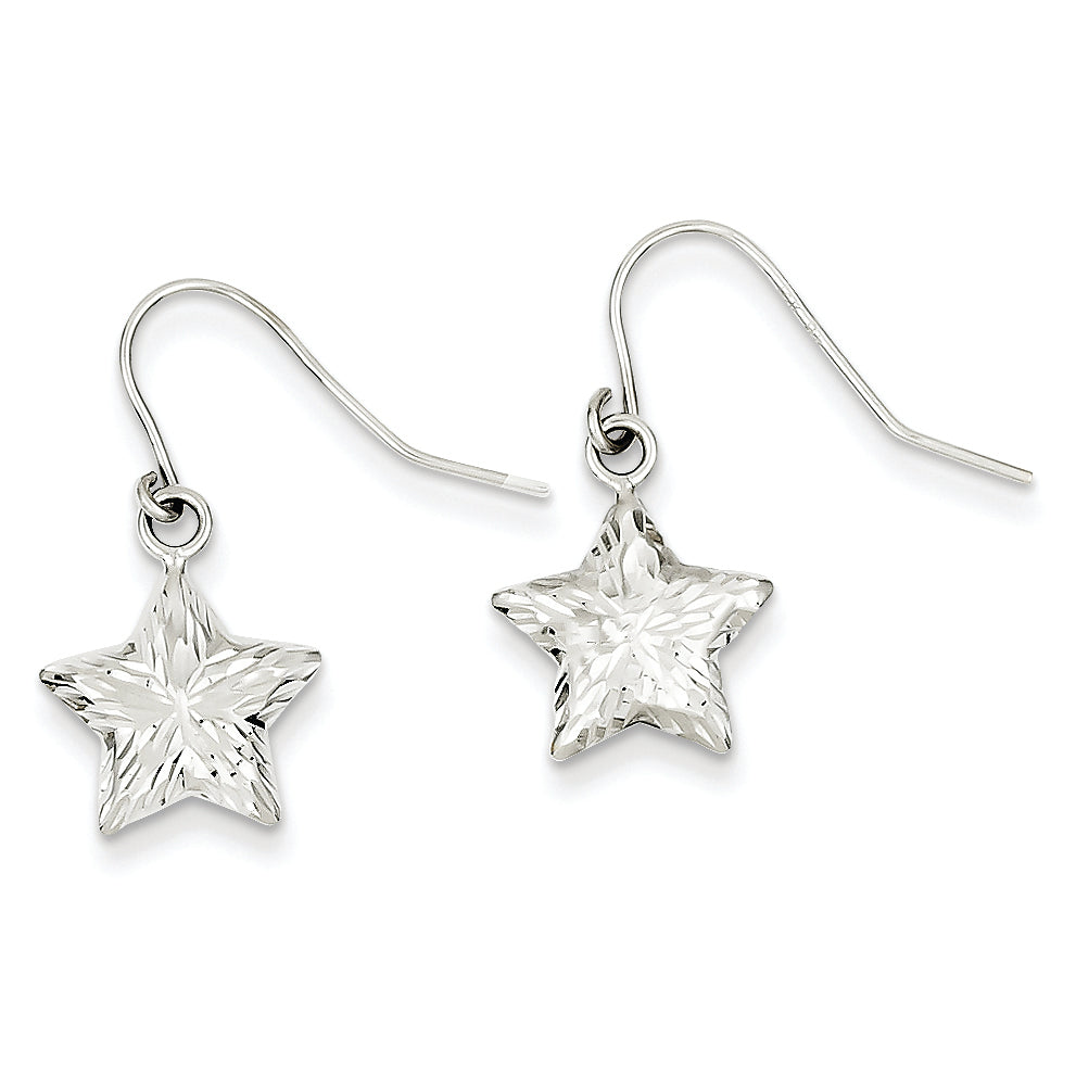 14K White Gold 3-D Diamond Cut Star Dangle Earrings