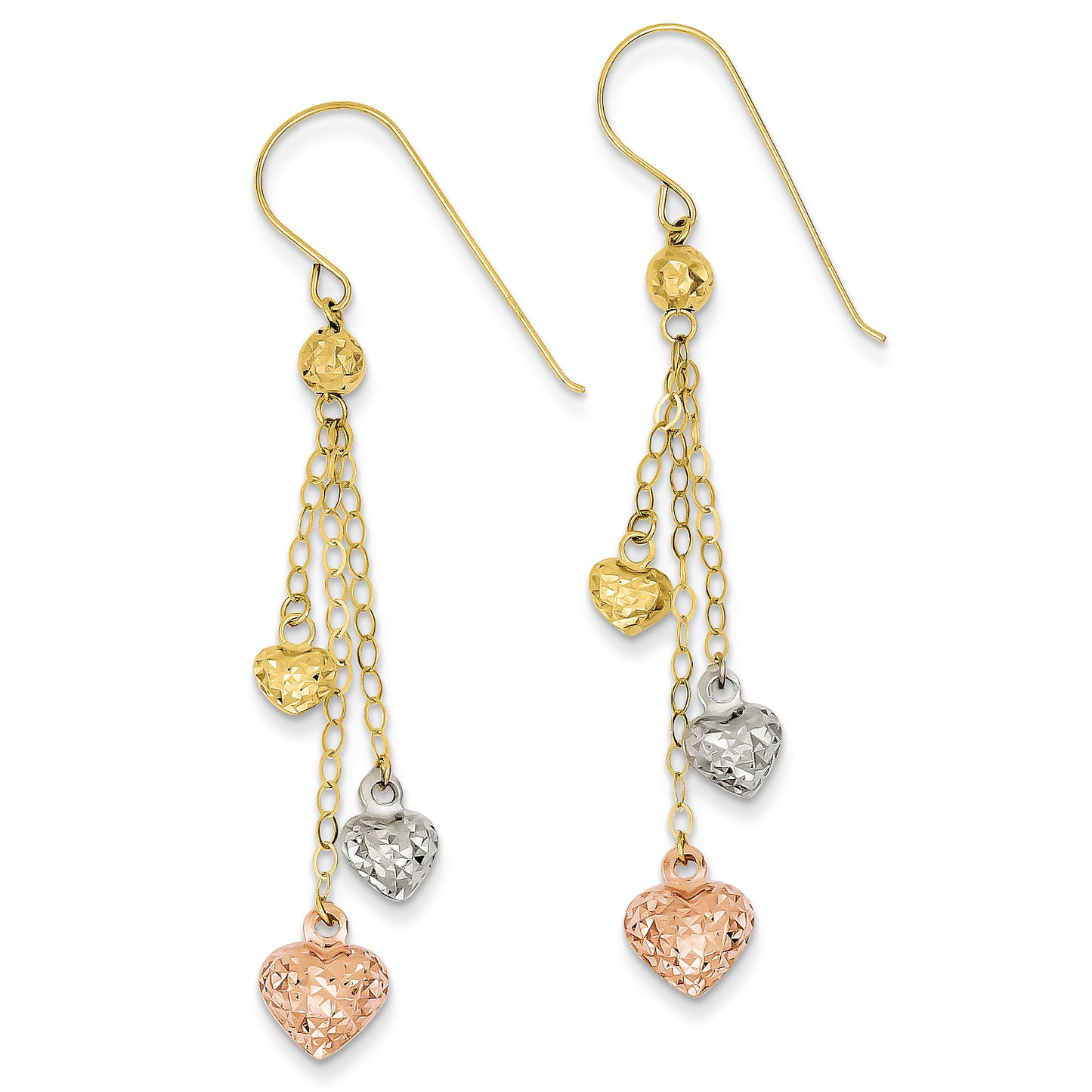 14K Gold Tri-color Puff Heart Dangle Earrings
