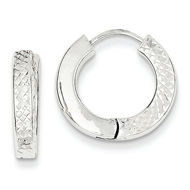 14K White Gold Textured and Polished Hollow Hinged Hoop Earrings