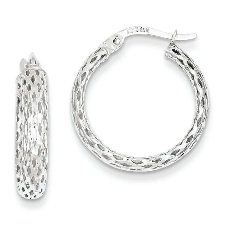 14K White Gold Diamond Cut Hoop Earrings