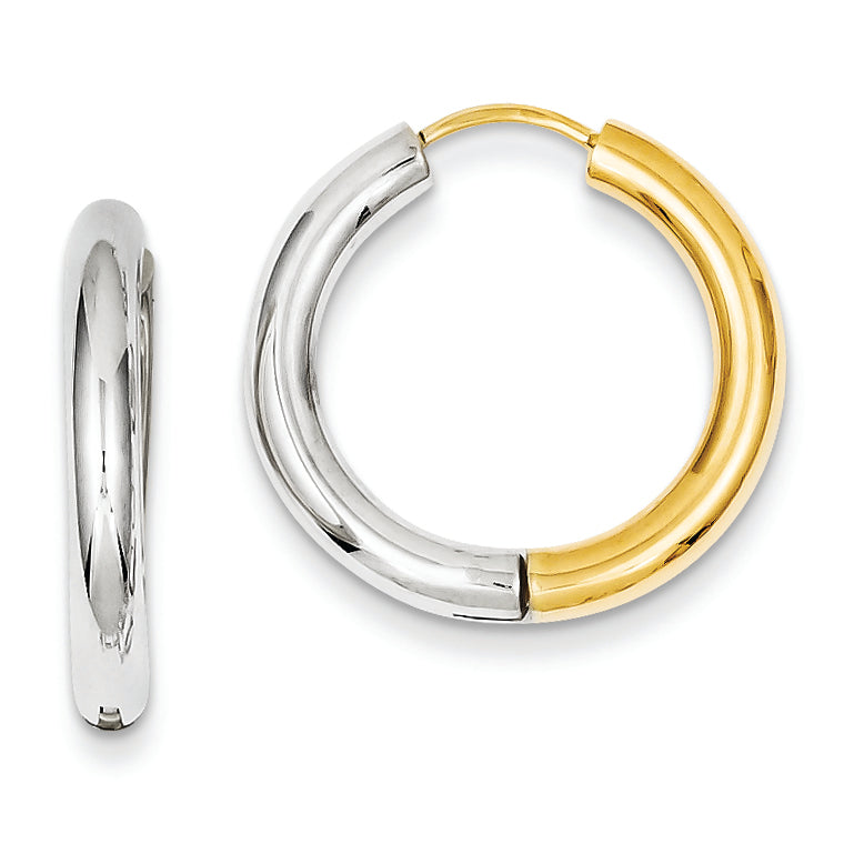 14K Gold Two-tone Polished Hinged Hollow Hoop Earrings