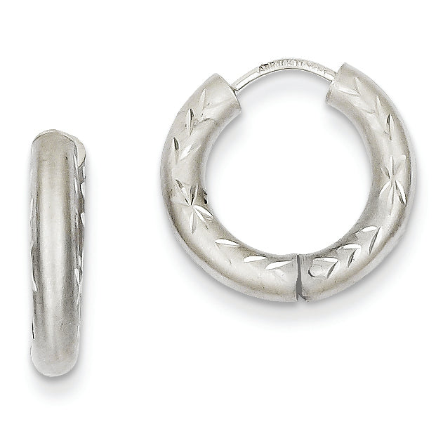 14K White Gold Diamond Cut Brushed Hinged Hollow Hoop Earrings