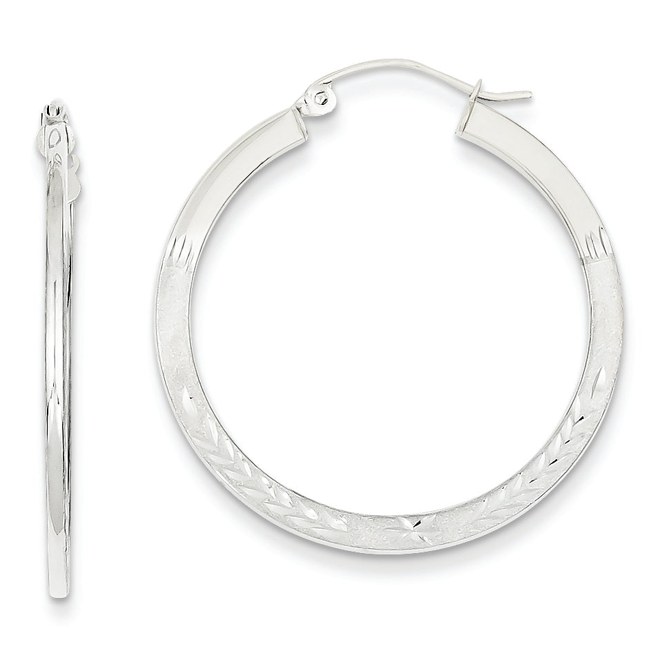 14K White Gold Diamond Cut 2.5x30mm Hoop Earrings