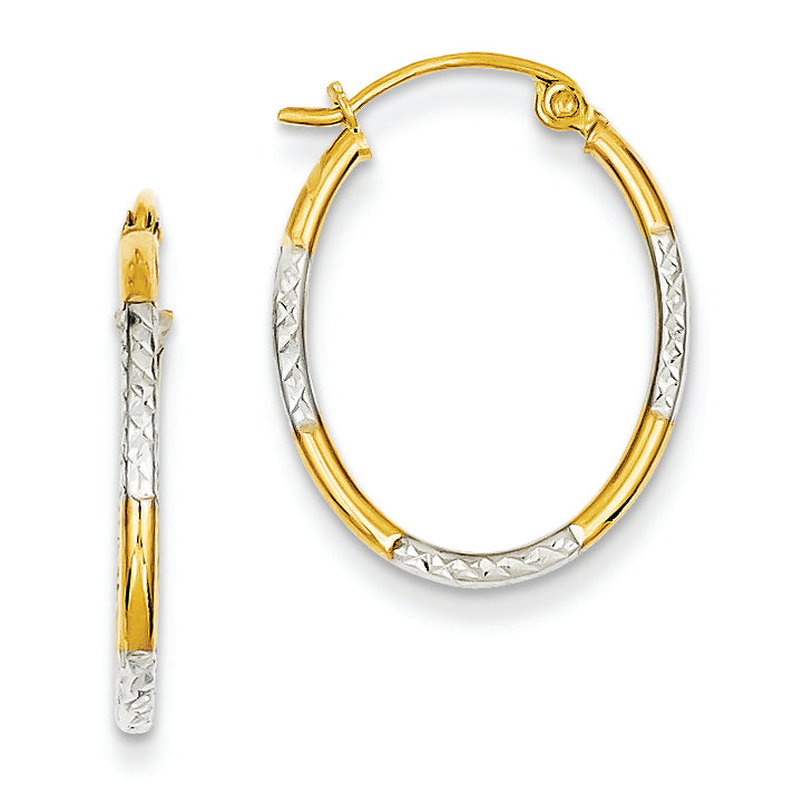14K Gold & Rhodium Diamond Cut Oval Hoop Earrings