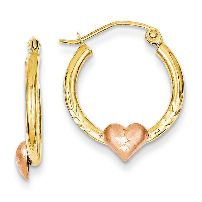 14K Gold Yellow & Rose Gold Heart D/C Hoop Earrings