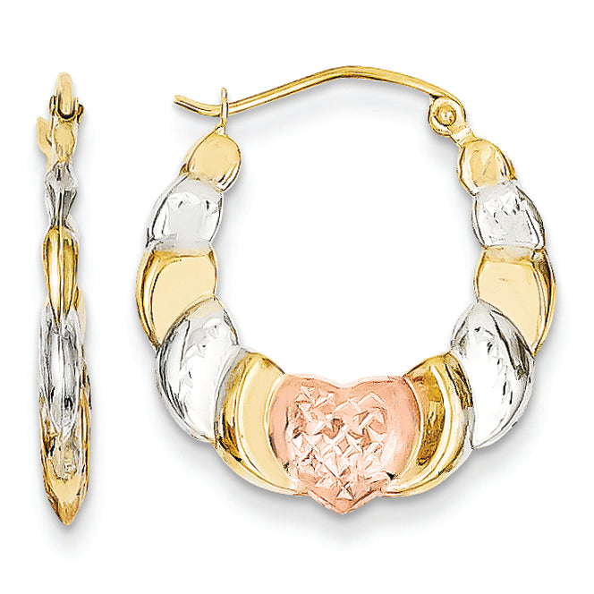 14K Gold & White and Rose Rhodium Scalloped Heart Hoop Earrings