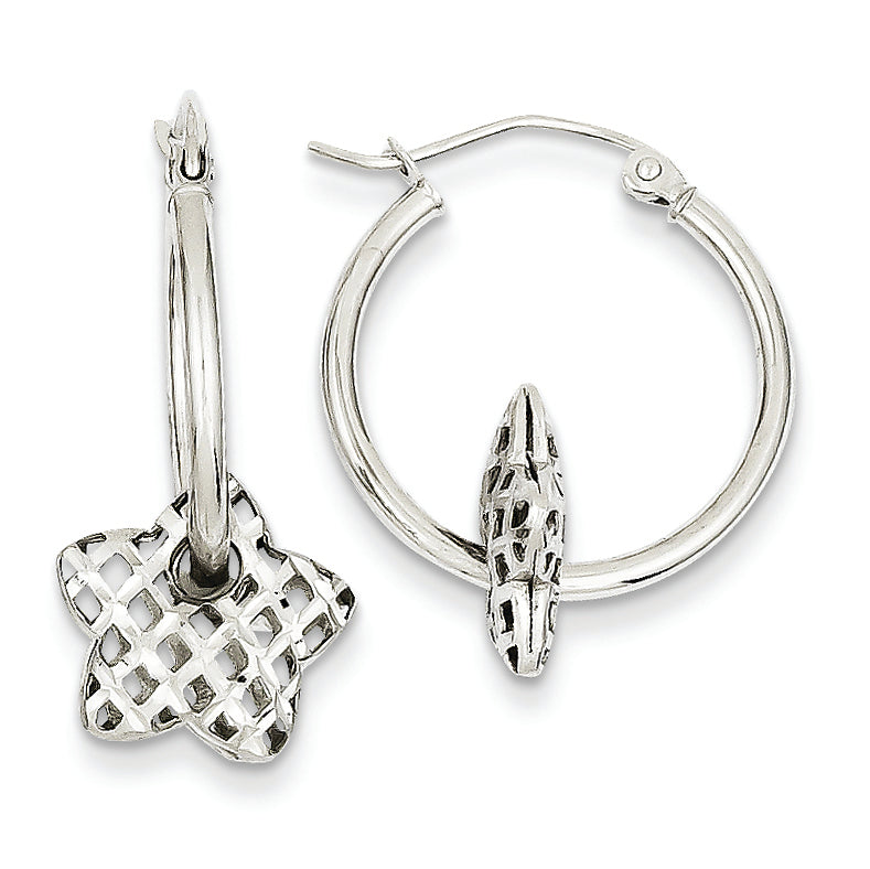 14K White Gold Moveable Star Hoop Earrings