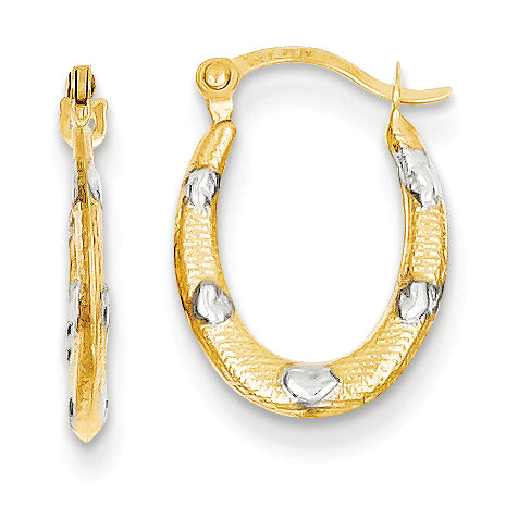 14K Gold Rhodium Textured Hollow Oval w/ Hearts Hoop Earrings