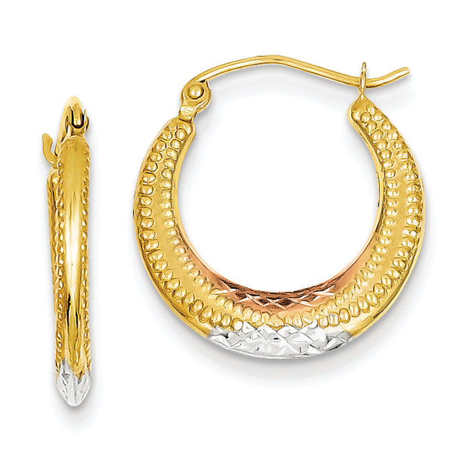14K Gold White and Rose Rhodium Textured Hoop Earrings