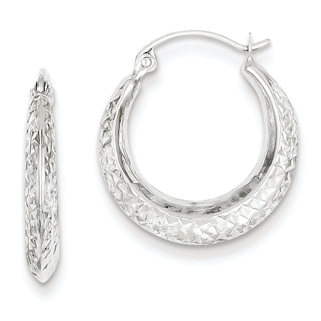 14K White Gold Textured Hollow Hoop Earrings