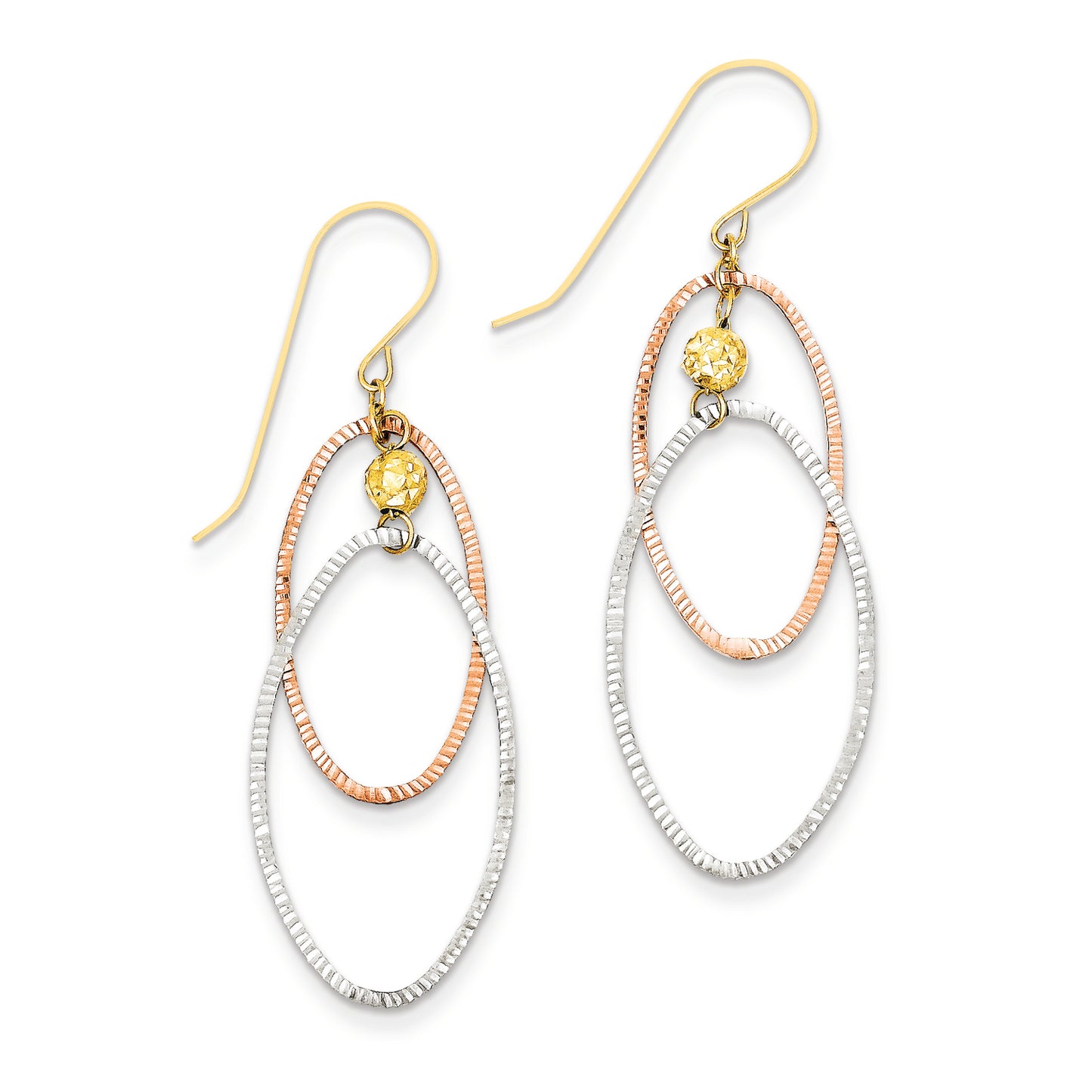 14K Gold Tri-color Diamond Cut Open Ovals Dangle Earrings