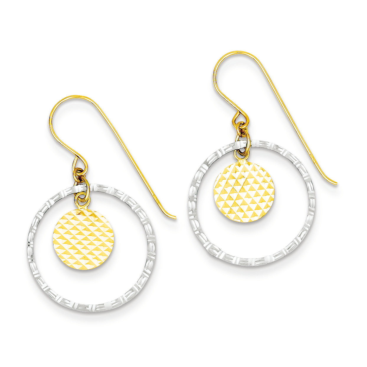 14K Gold Two-tone Diamond Cut Circle with Disc Dangle Earrings