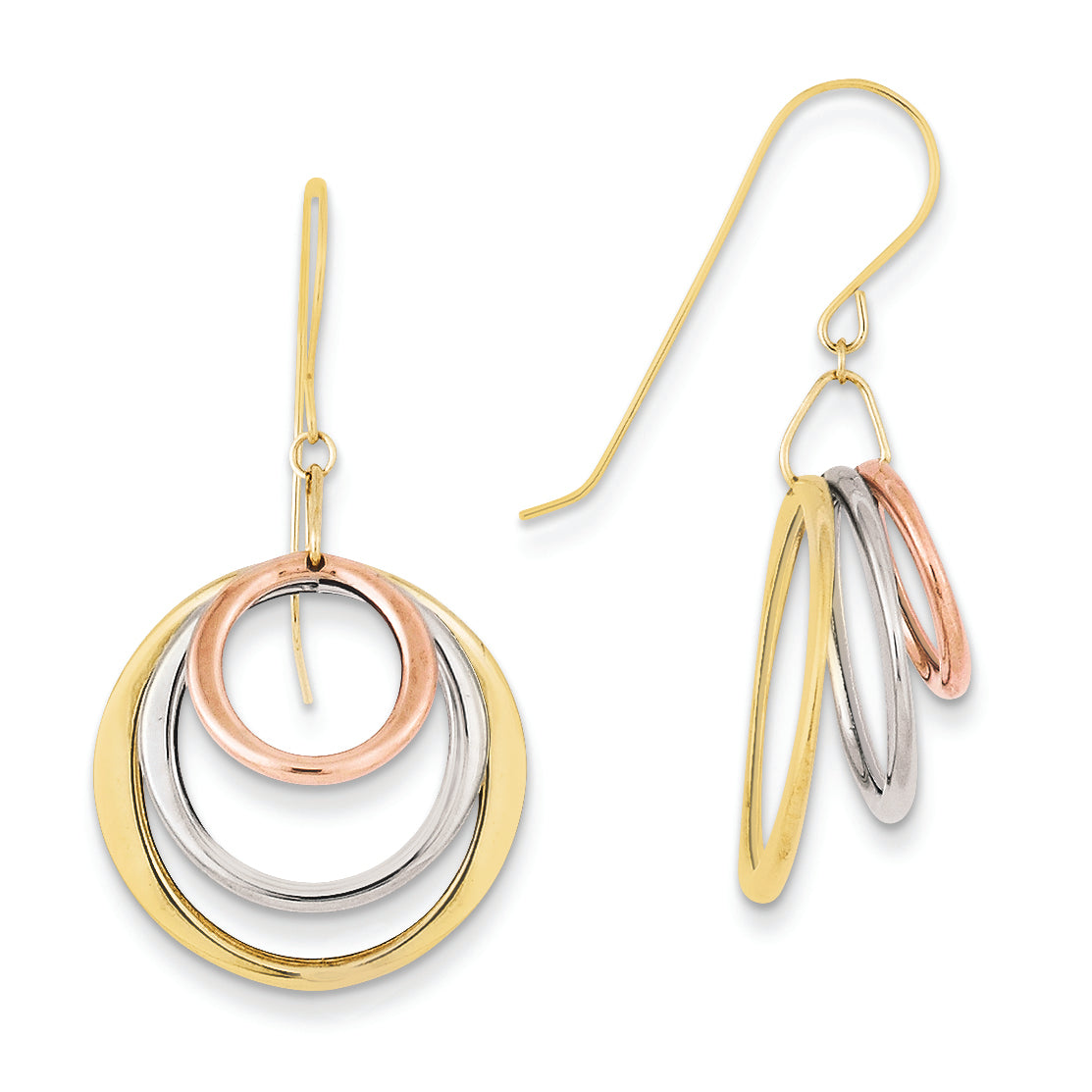 14K Gold Tri-color Circle Dangle Shepherd Hook Earrings