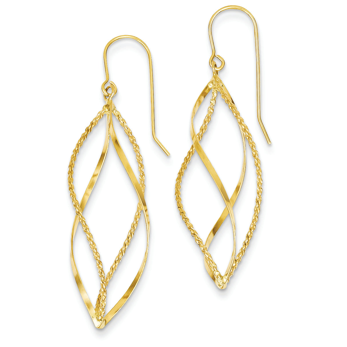 14K Gold Polished and Textured Twisted Dangle Earrings