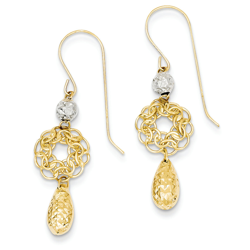 14K Gold Two-tone Diamond Cut Puff Teardrop Wire Flower Earrings