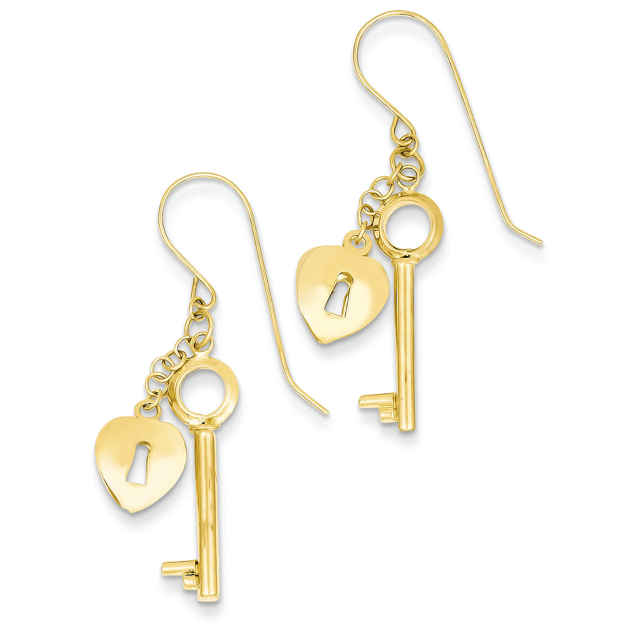 14K Gold Gold Puff Heart Lock and Key Earrings