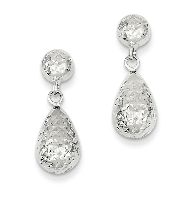 14K White Gold Textured Bead Post Dangle Earrings