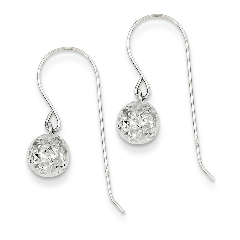 14K White Gold 6mm Diamond Cut Ball Dangle Earrings