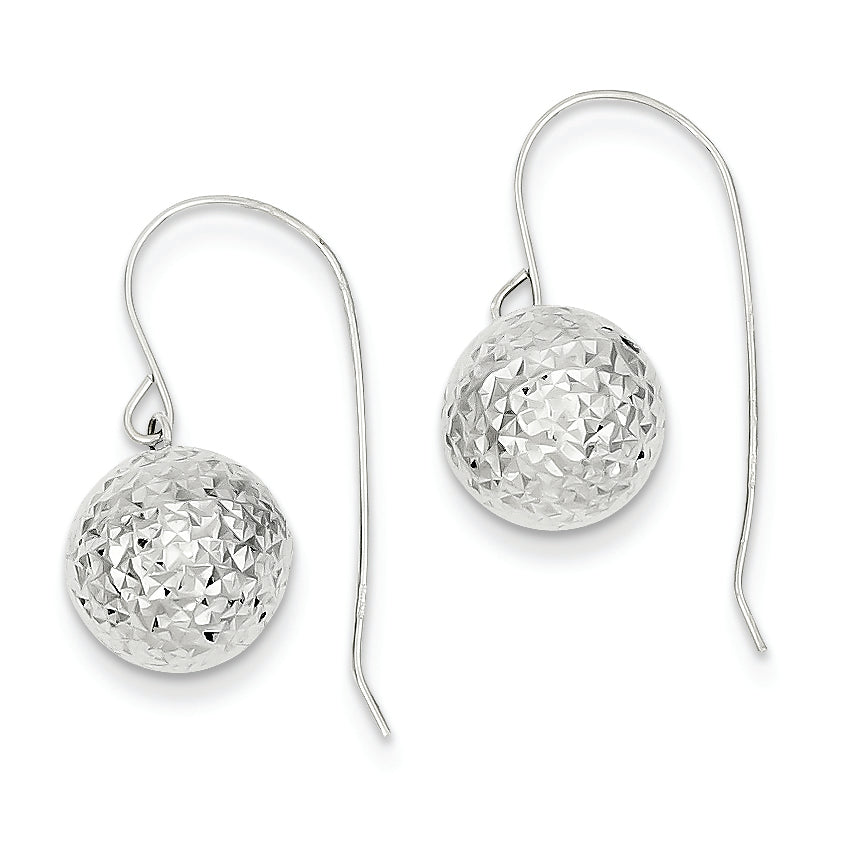 14K White Gold Diamond Cut 10mm Bead Shepherd Hook Earrings