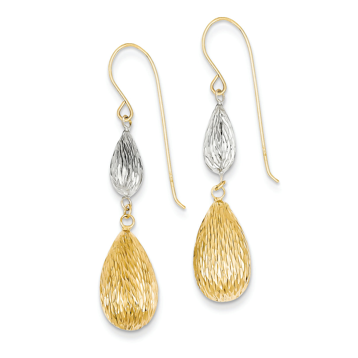 14K Gold Two-tone Diamond Cut Puff Tear Drop Dangle Earrings