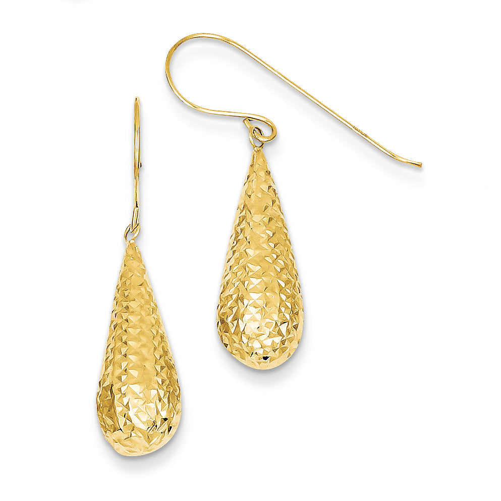 14K Gold Diamond Cut Puff Tear Drop Dangle Earrings