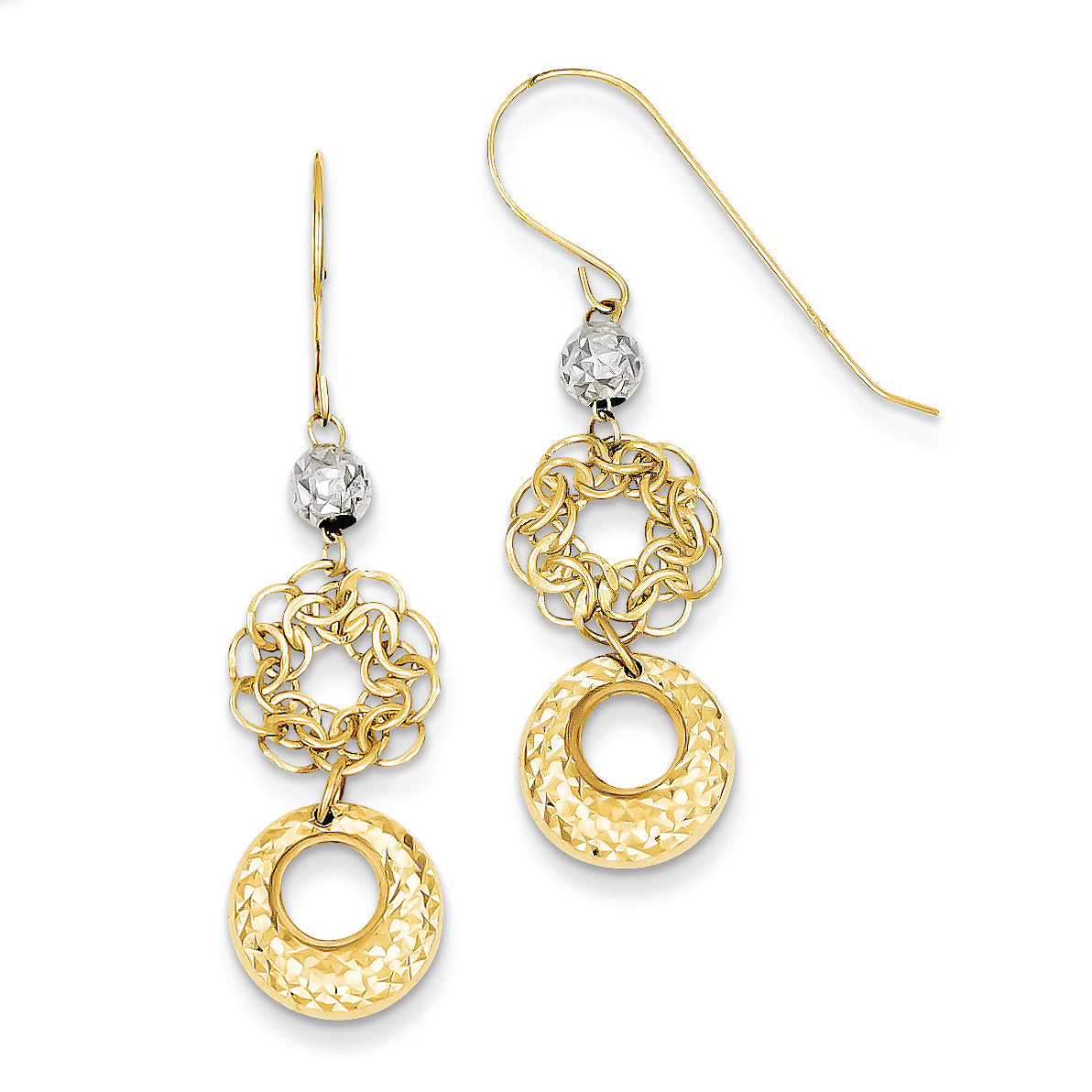 14K Gold Two-tone Wire Flower Diamond Cut Puff Circle Earrings