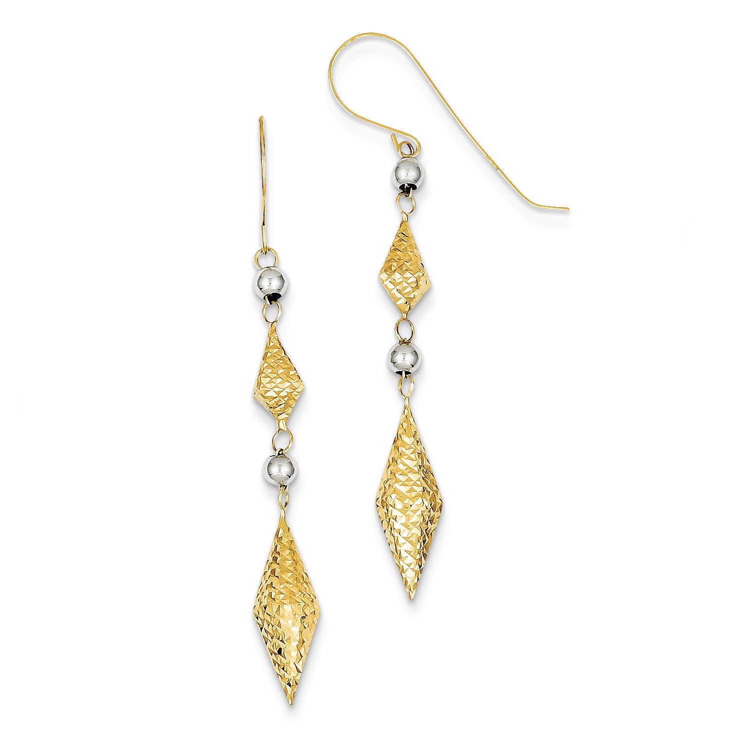 14K Gold Two-tone Diamond Cut Puff Diamond Bead Dangle Earrings