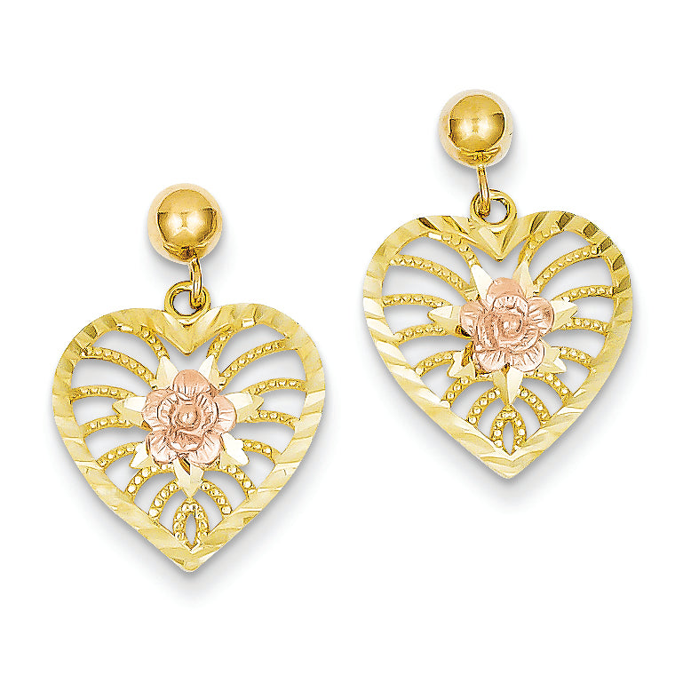 14K Gold Two-tone Gold Heart and Rose Post Dangle Earrings