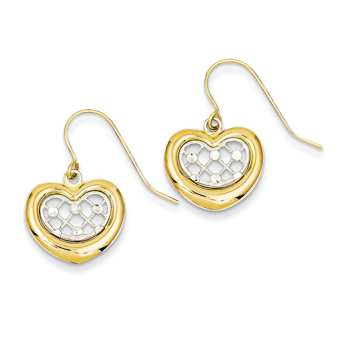 14K Gold Two-tone Diamond Cut Heart Dangle Earrings