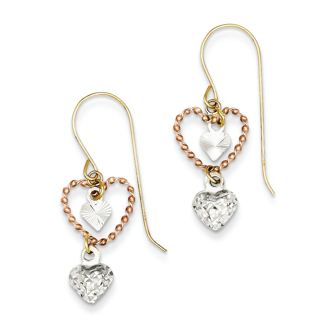 14K Gold Tri-color Diamond Cut Heart Dangle Earrings
