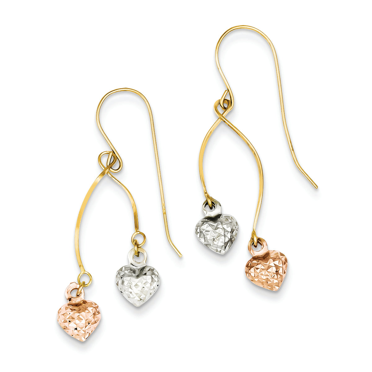 14K Gold Tri-color Diamond Cut Heart Puff Dangle Earrings