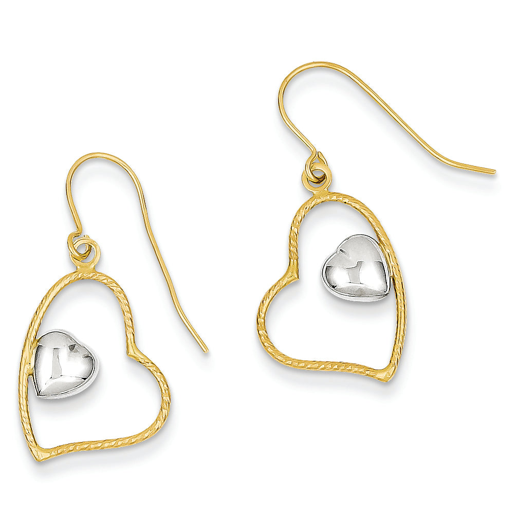 14K Gold Two-tone Polished and Textured Heart Dangle Earrings