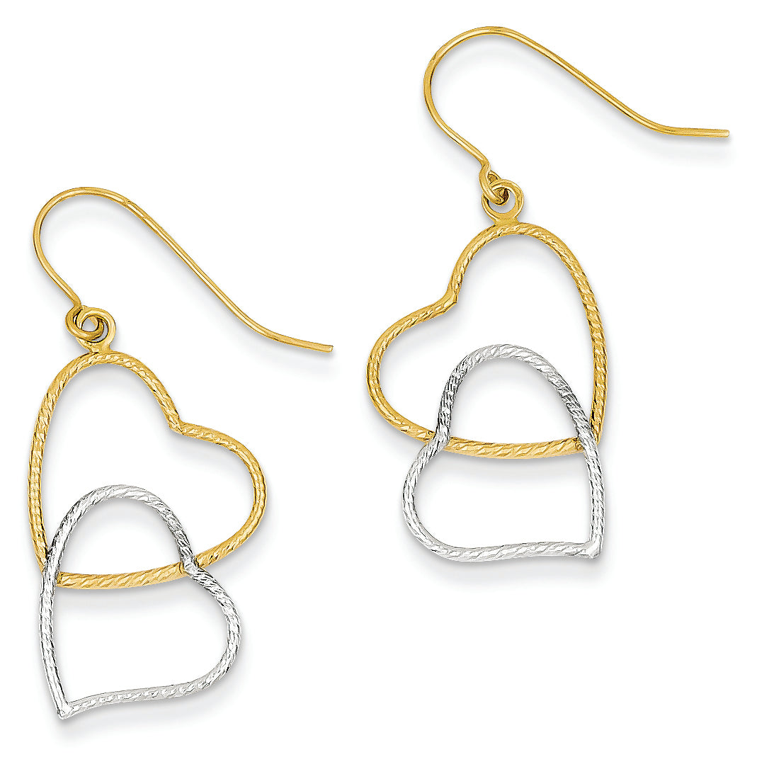 14K Gold Two-tone Textured Heart Dangle Earrings