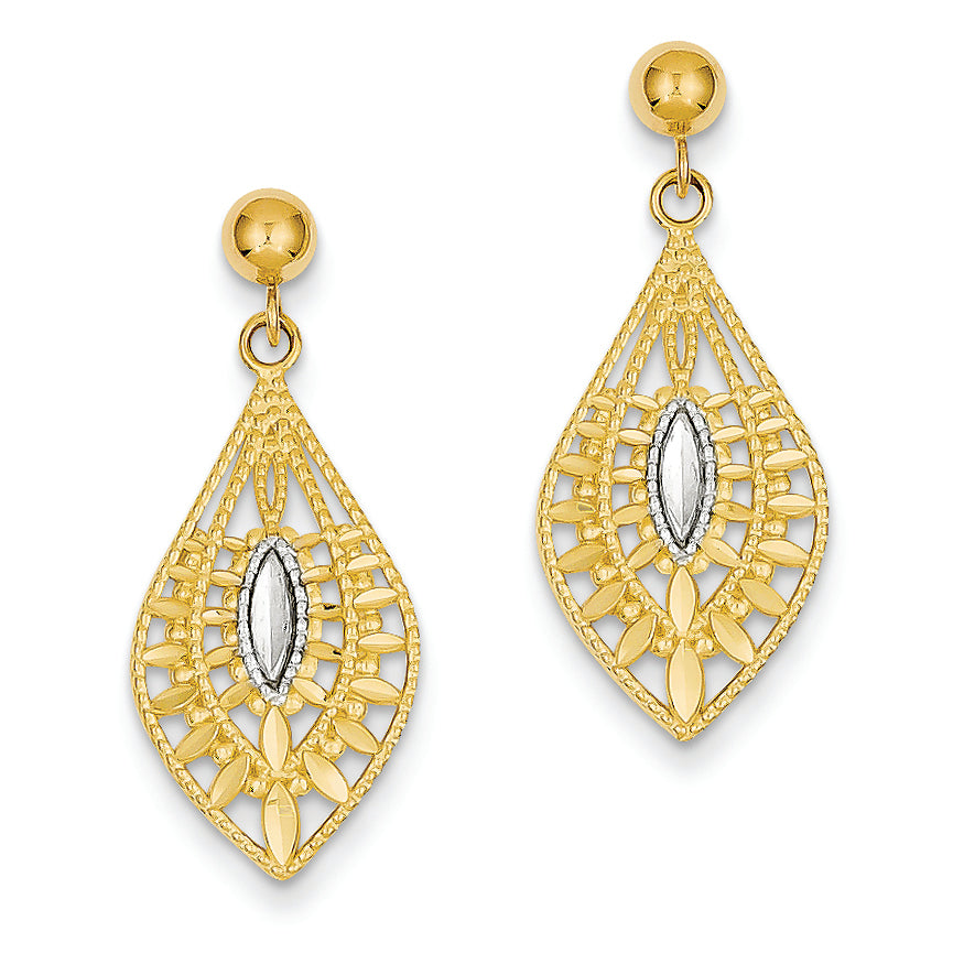 14K Gold Yellow Gold Rhodium Plated Diamond Cut Fancy Dangle Earrings