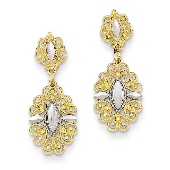 14K Gold Yellow Gold Rhodium Plated Diamond Cut Fancy Post Earrings