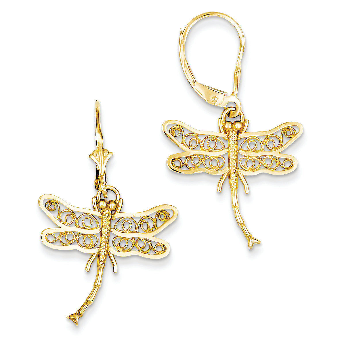 14K Gold Dragonfly w/Filigree Wings Leverback Earrings