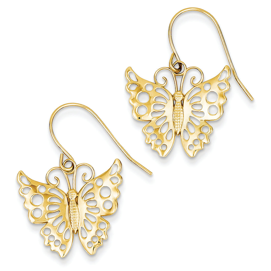 14K Gold Dangle Butterfly Shepherd Hook Earrings