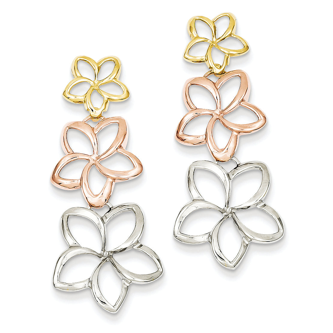 14K Gold Tri-color Plumeria Flower Earrings