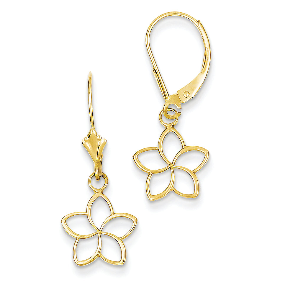 14K Gold Polished Cut Out Flower Lever Back Earrings