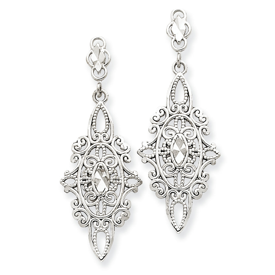 14K White Gold Diamond-cut Filigree Dangle Earrings