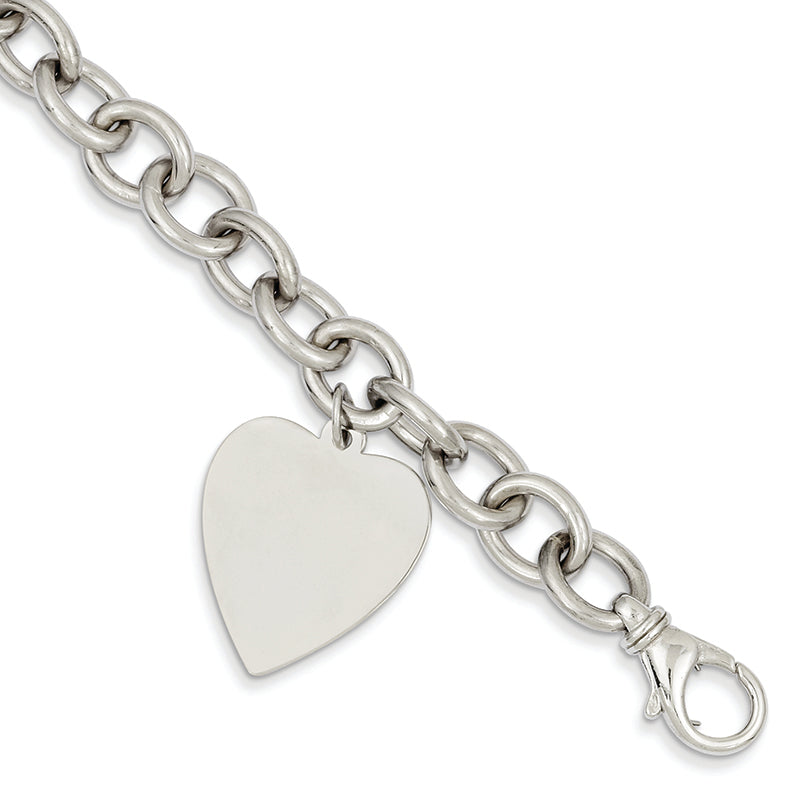 14K White Gold 8.5in Polished Engravable Link with Heart Charm Bracelet 8.5 Inches