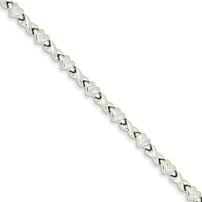14K White Gold Polished Heart & X Bracelet 7 Inches