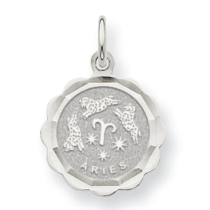 14K White Gold Satin Polished Engravable Aries Zodiac Scalloped Disc Charm