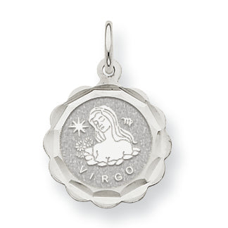 14K White Gold Satin Polished Engravable Virgo Zodiac Scalloped Disc Charm