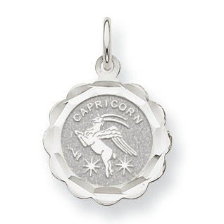 14K White Gold Satin Polished Engravable Capricorn Zodiac Scalloped Disc C