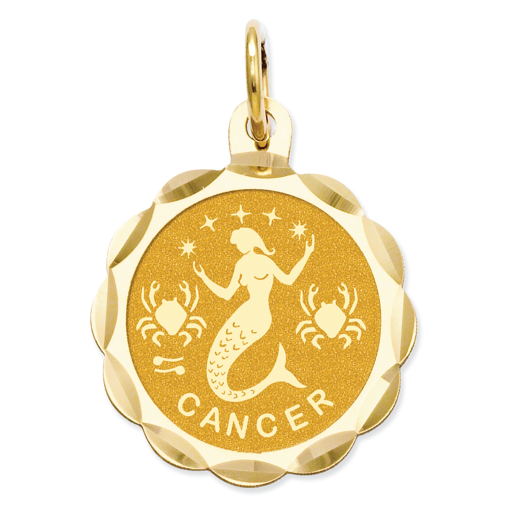 14K Gold Satin Polished Engravable Cancer Zodiac Scalloped Disc Charm