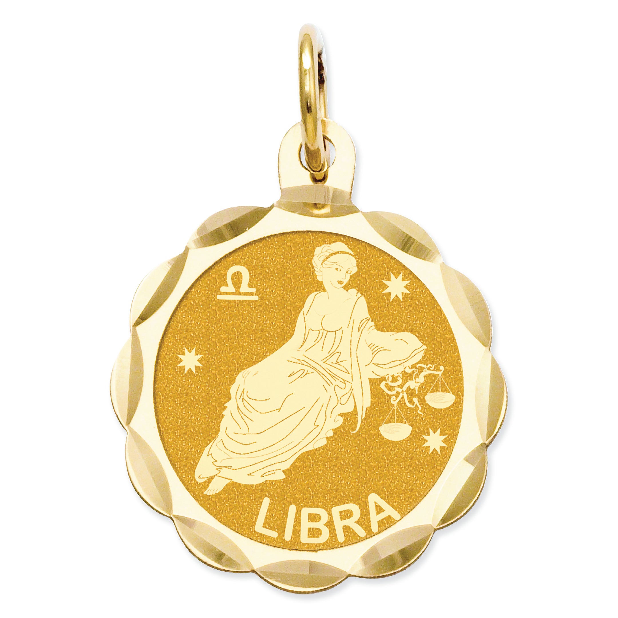 14K Gold Satin Polished Engravable Libra Zodiac Scalloped Disc Charm