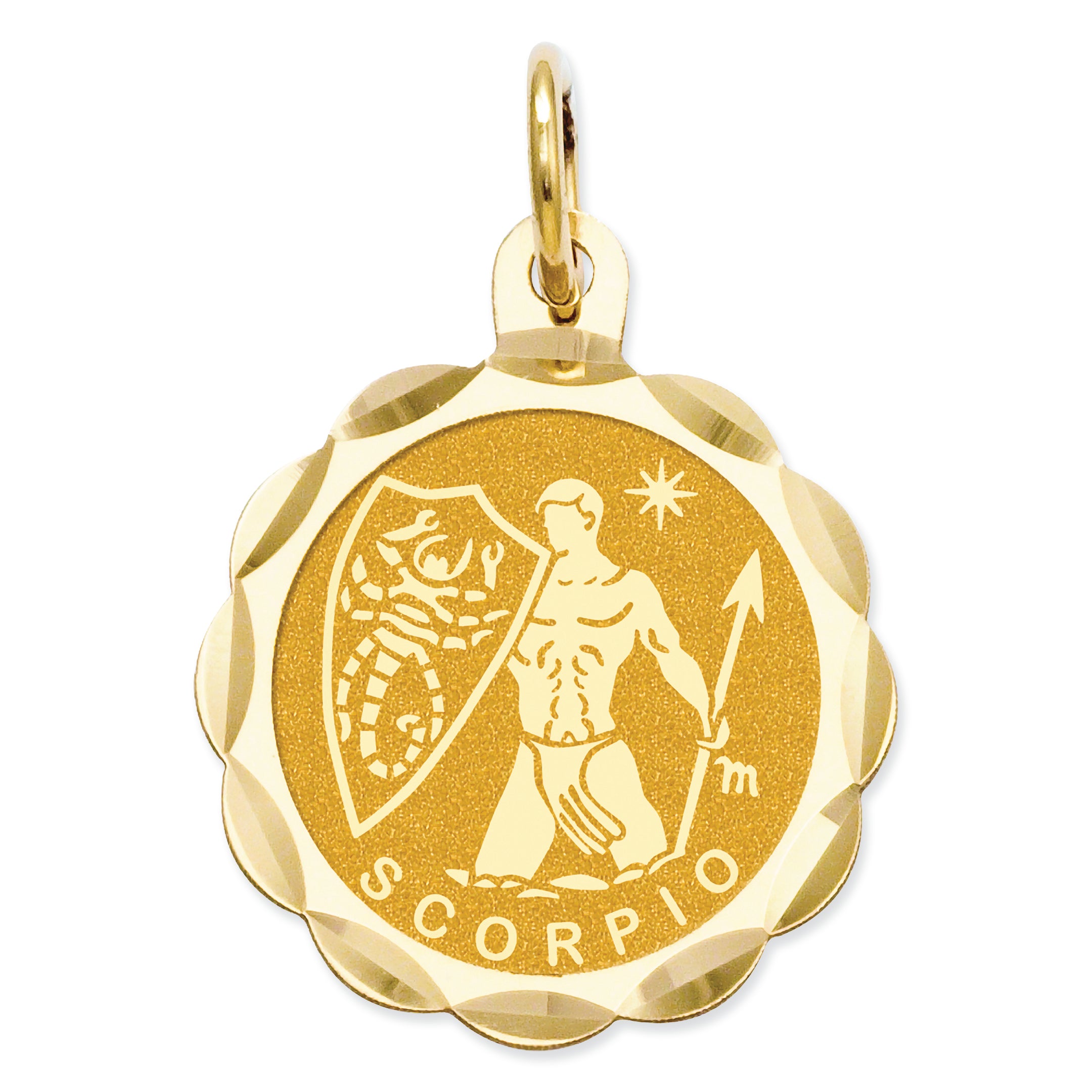 14K Gold Satin Polished Engravable Scorpio Zodiac Scalloped Disc Charm