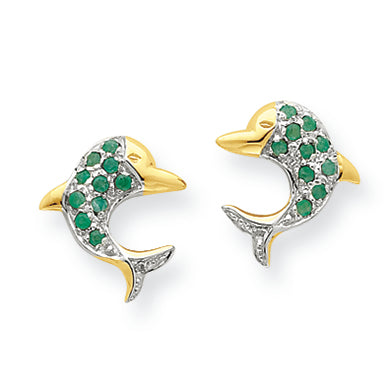0.3 Carat 14K Gold & Rhodium Emerald & Diamond Dolphin Post Earrings