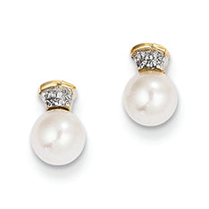 14K Gold Diamond and Freshwater Cultured Pearl Post Earrings